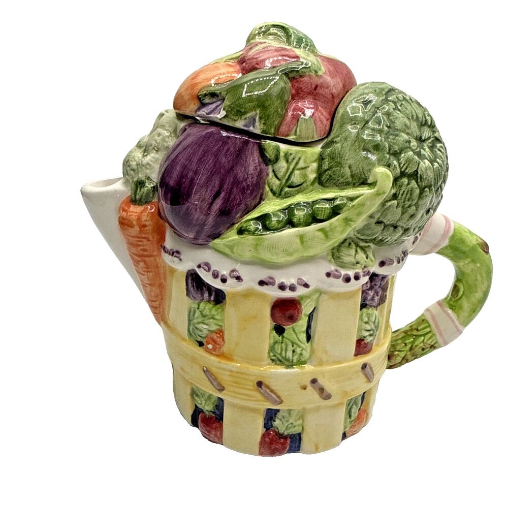Vintage Angela Akerman Tea Garden Teapot Giftcraft Picnic Basket Fruit Veggie